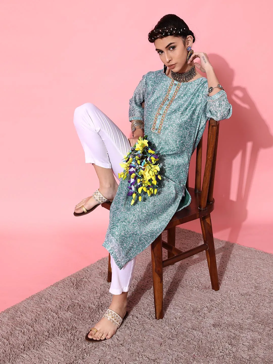 Women Turquoise Blue Ethnic Motifs Printed Pure Cotton Kurta with Trousers