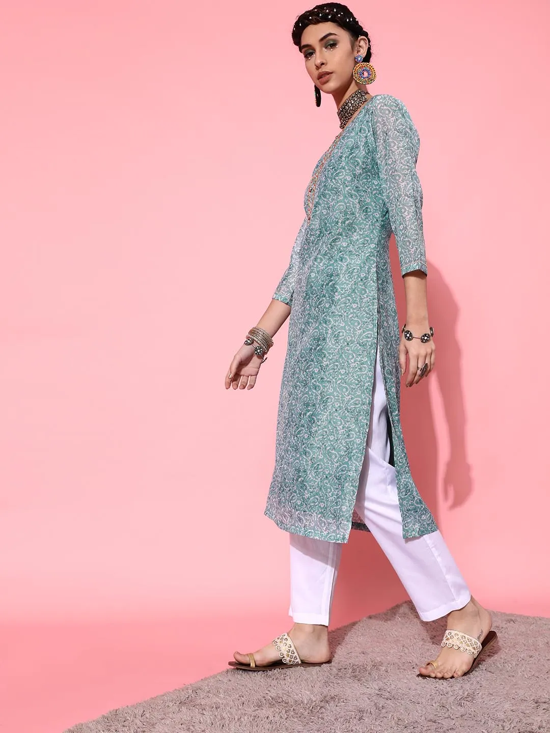 Women Turquoise Blue Ethnic Motifs Printed Pure Cotton Kurta with Trousers