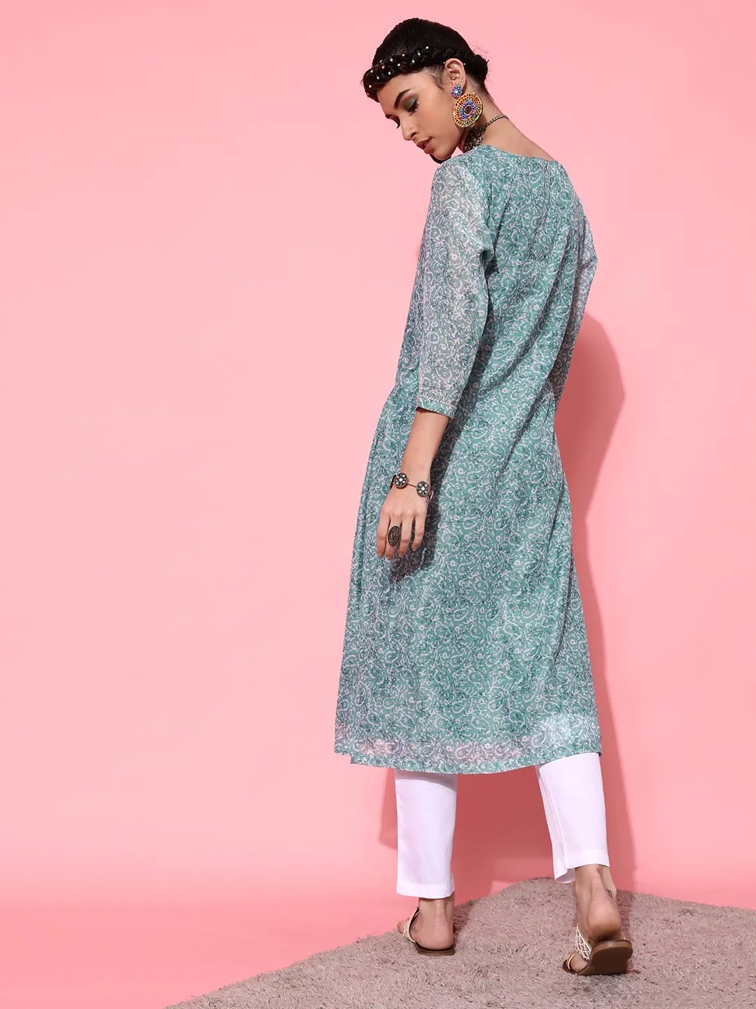 Women Turquoise Blue Ethnic Motifs Printed Pure Cotton Kurta with Trousers