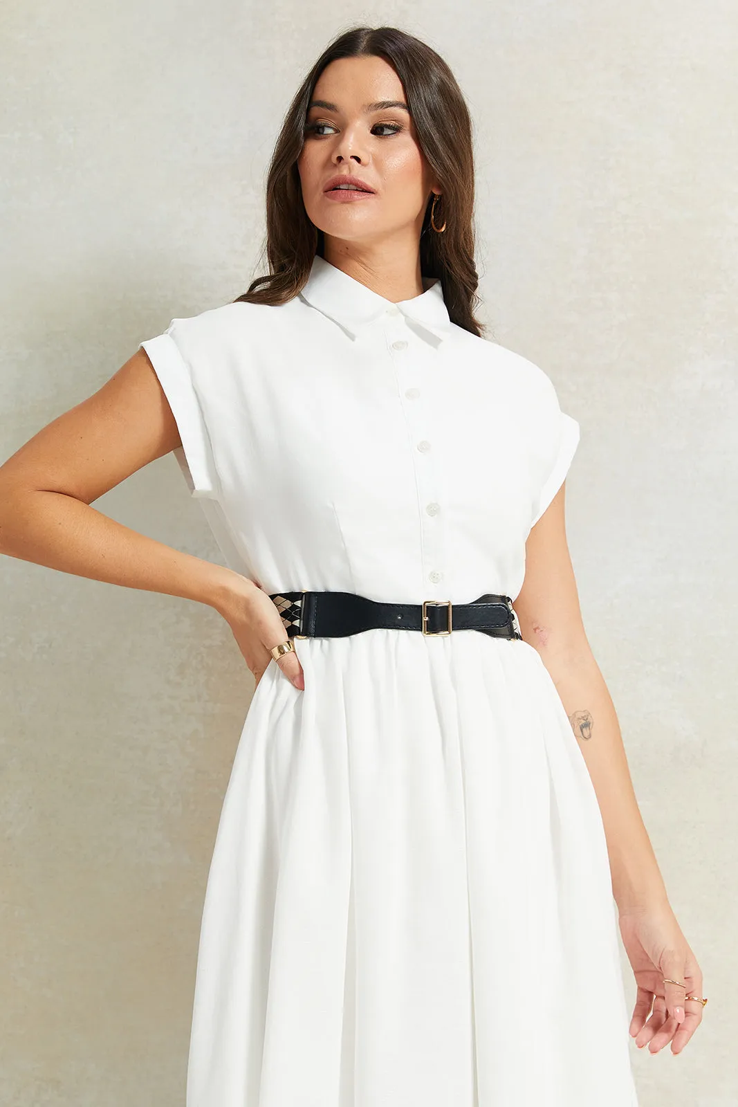 Women White Belted Dress With Bottom Print