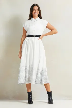 Women White Belted Dress With Bottom Print