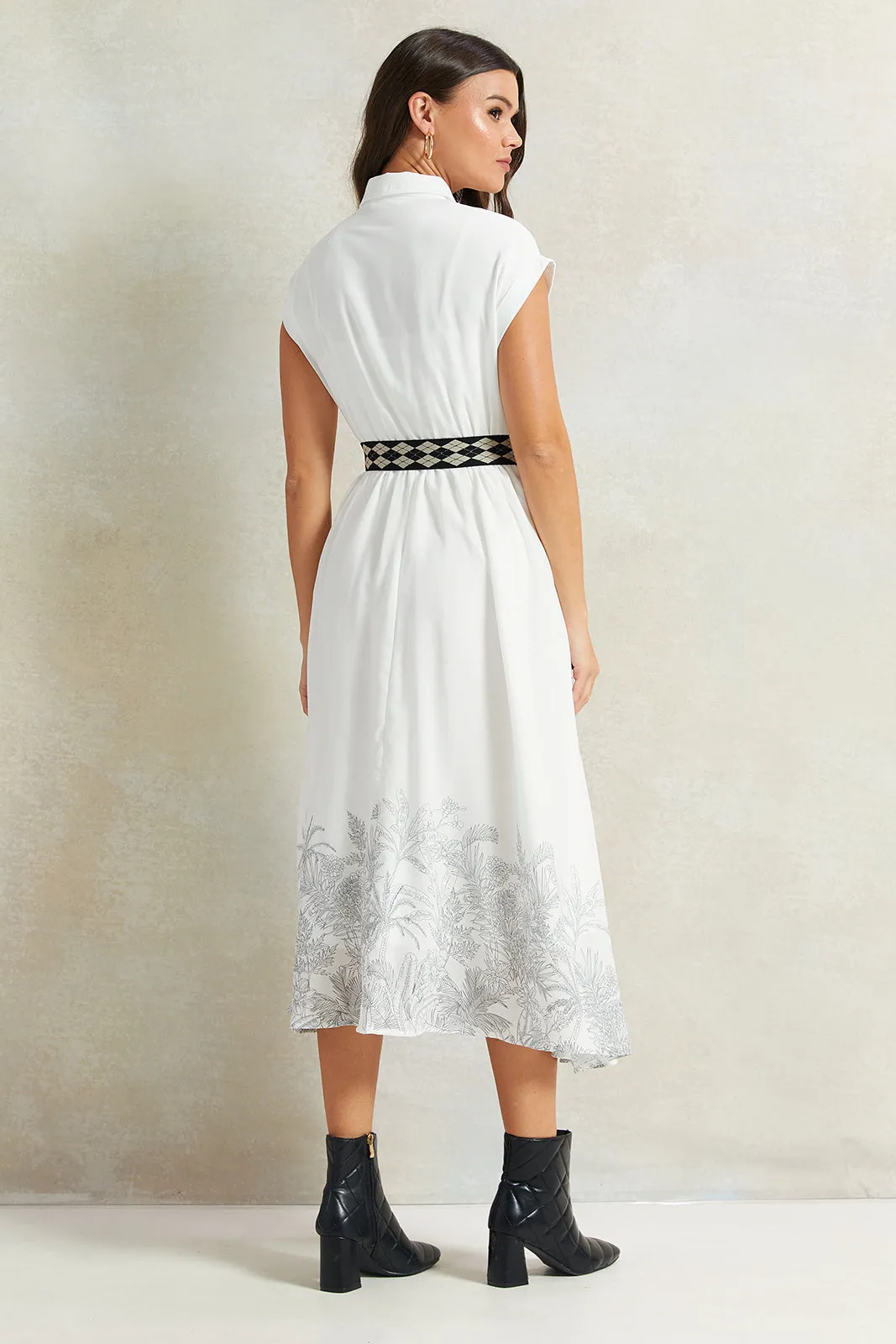 Women White Belted Dress With Bottom Print