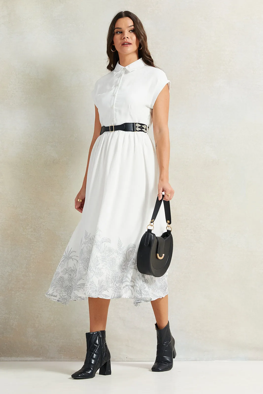 Women White Belted Dress With Bottom Print