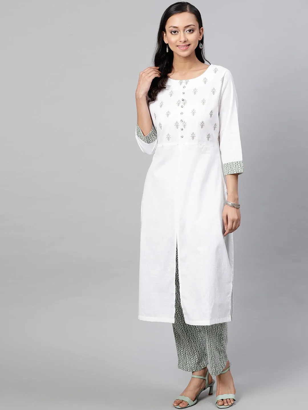 Women White Green Yoke Design Kurta with Trousers