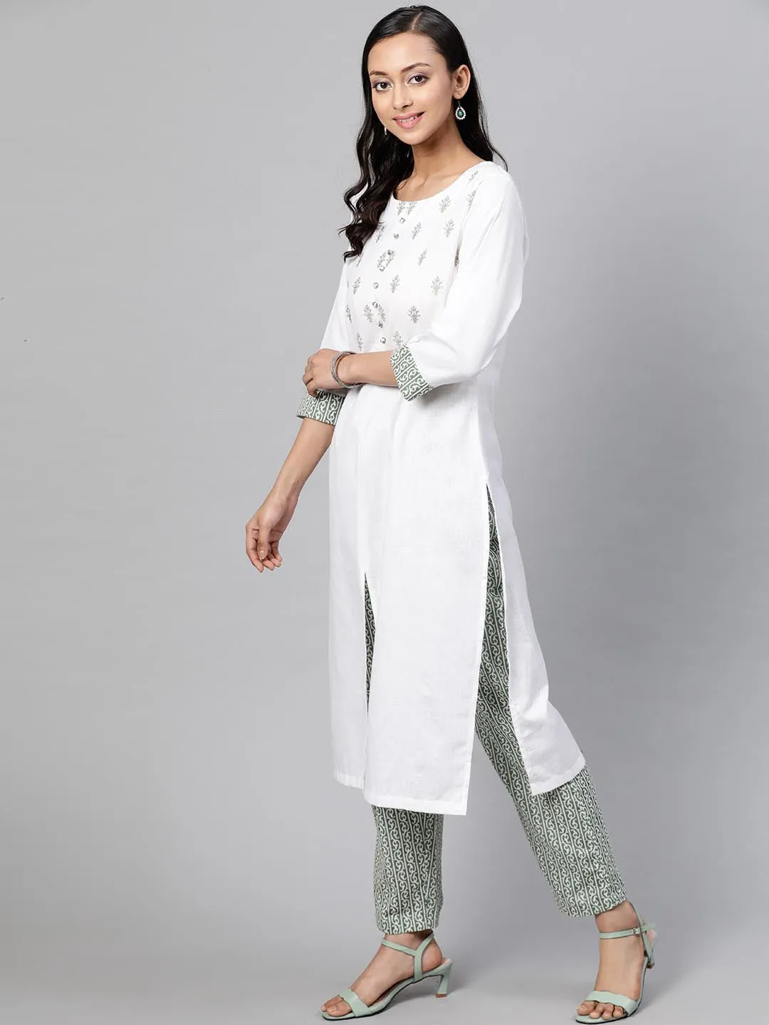 Women White Green Yoke Design Kurta with Trousers