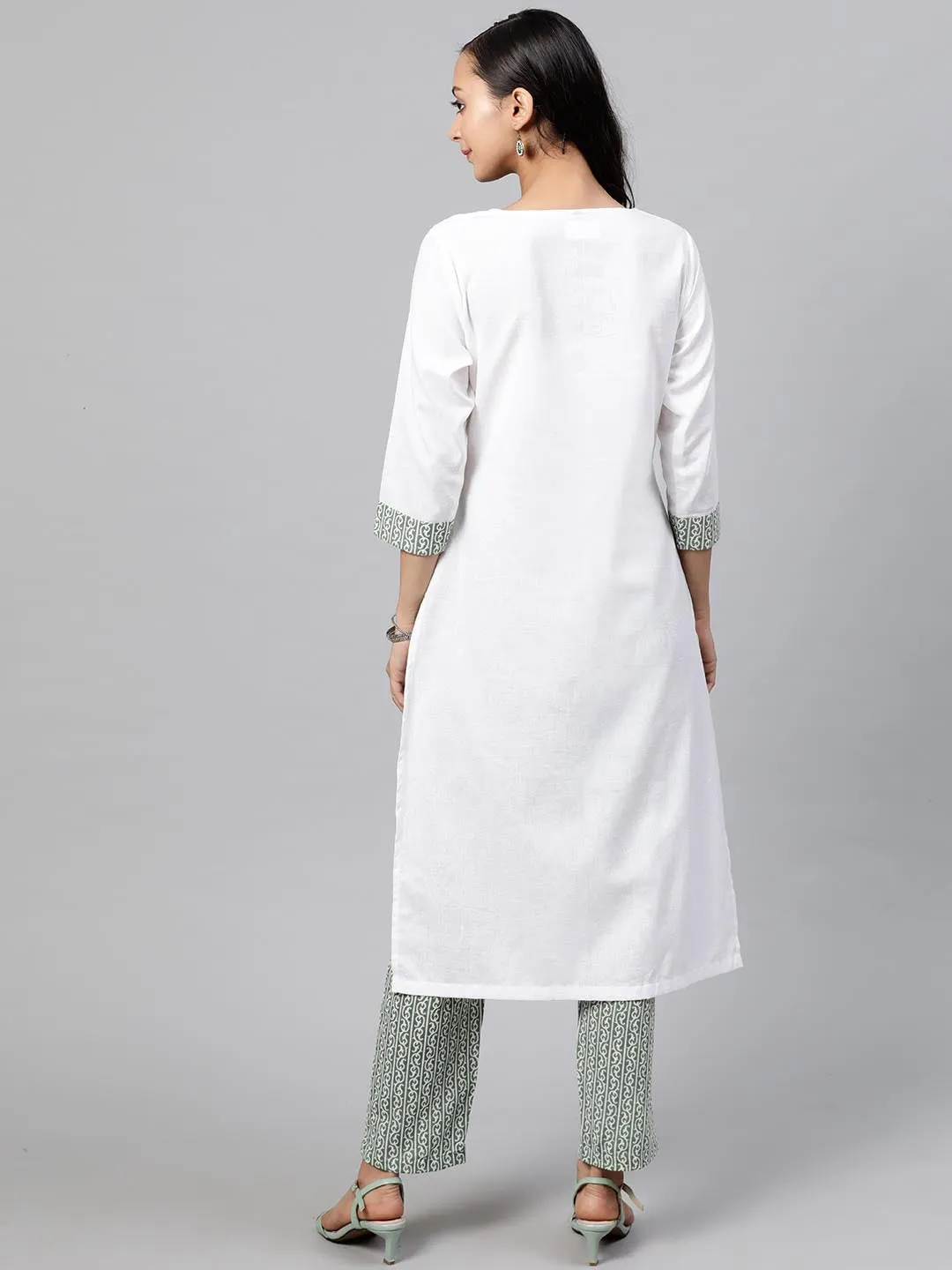 Women White Green Yoke Design Kurta with Trousers