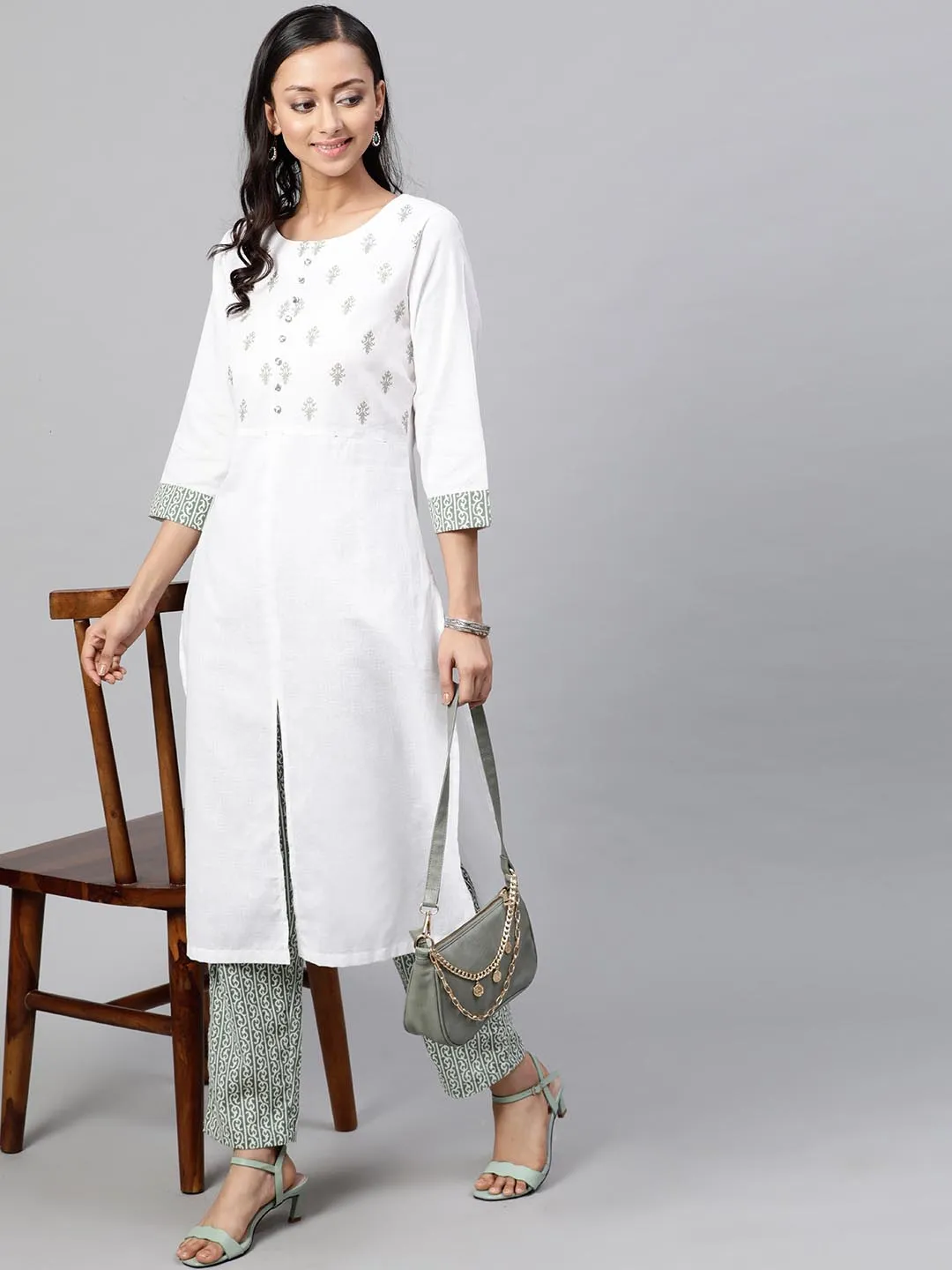 Women White Green Yoke Design Kurta with Trousers