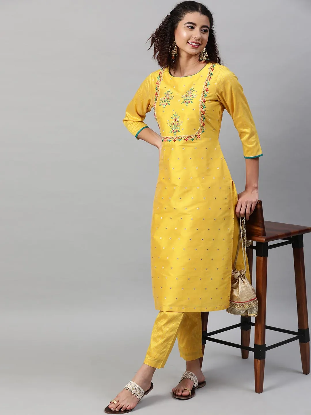 Women Yellow Floral Kurta with Trousers