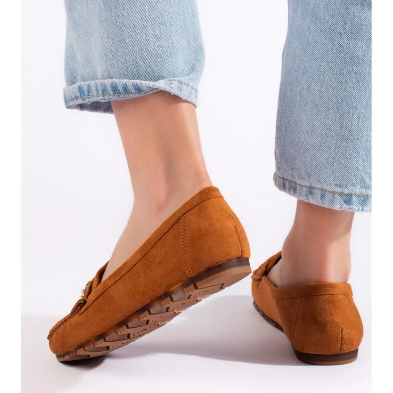 Brown camel suede moccasins for women