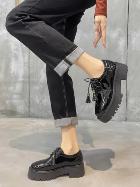 Black Flatform Round Toe Lace Up Oxfords