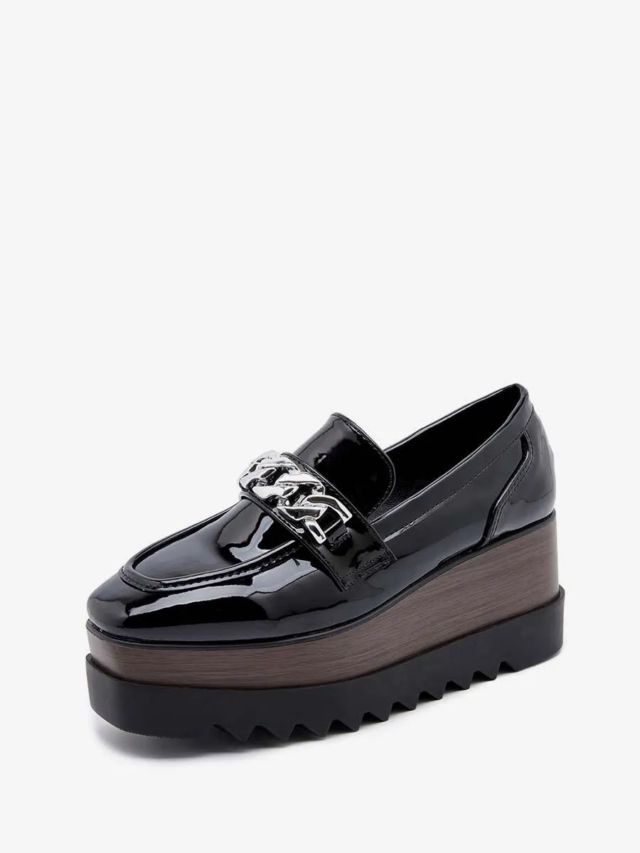 Square Toe Wedge Heel Oxfords in Patent Leather