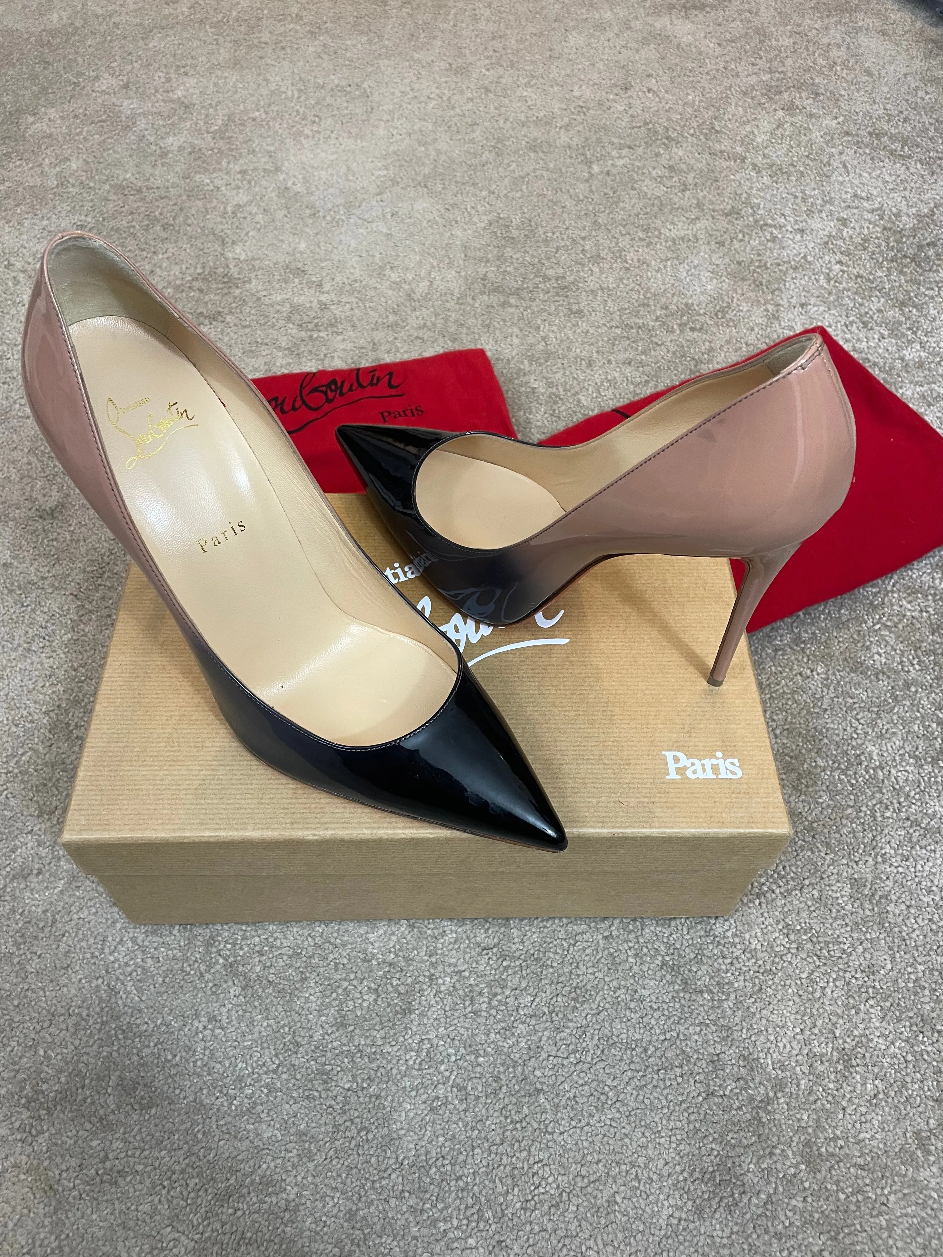 WOMENS CHRISTIAN LOUBOUTIN KATE 100 PATENT HEELS - BLACK / NUDE