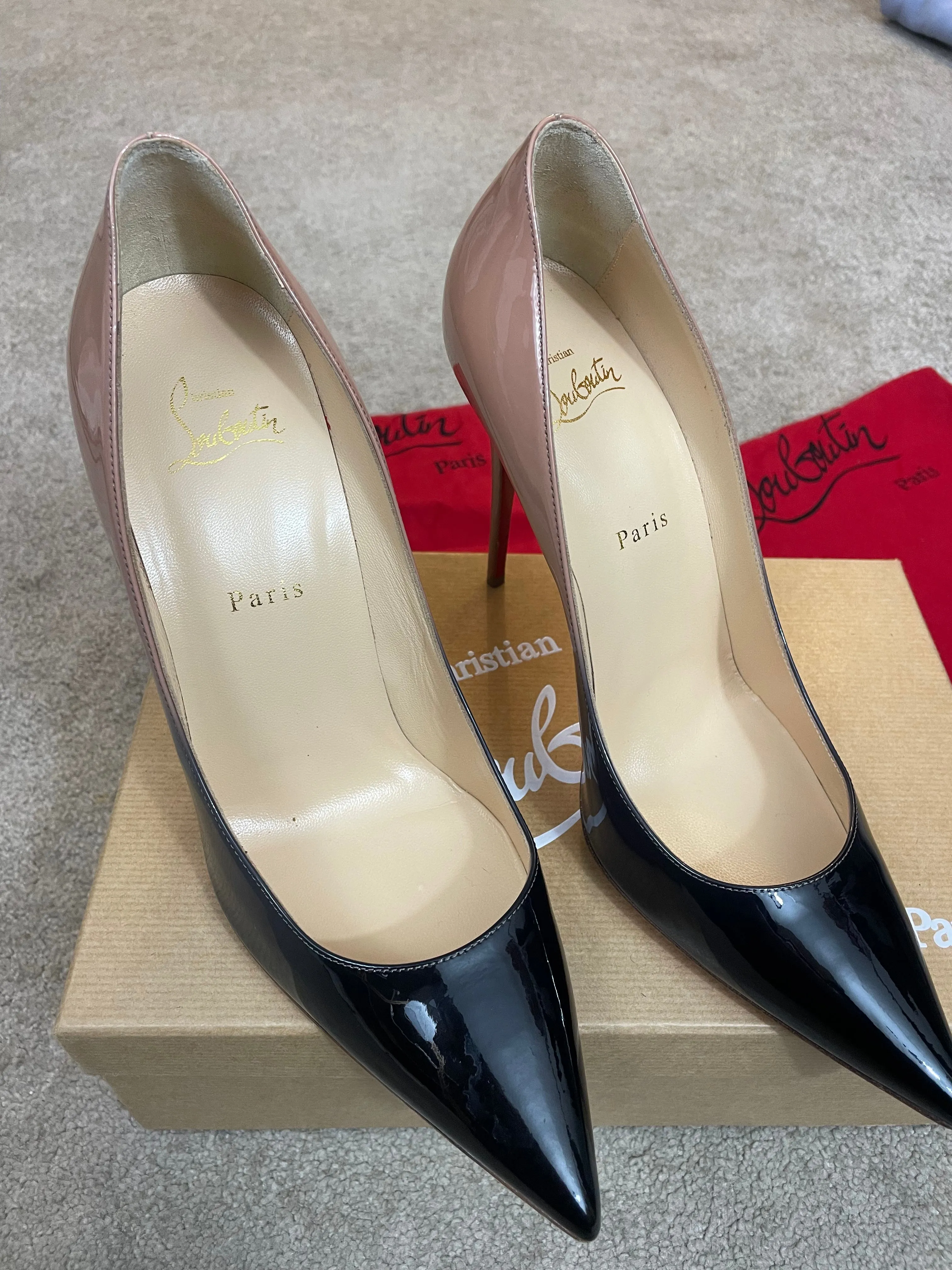 WOMENS CHRISTIAN LOUBOUTIN KATE 100 PATENT HEELS - BLACK / NUDE