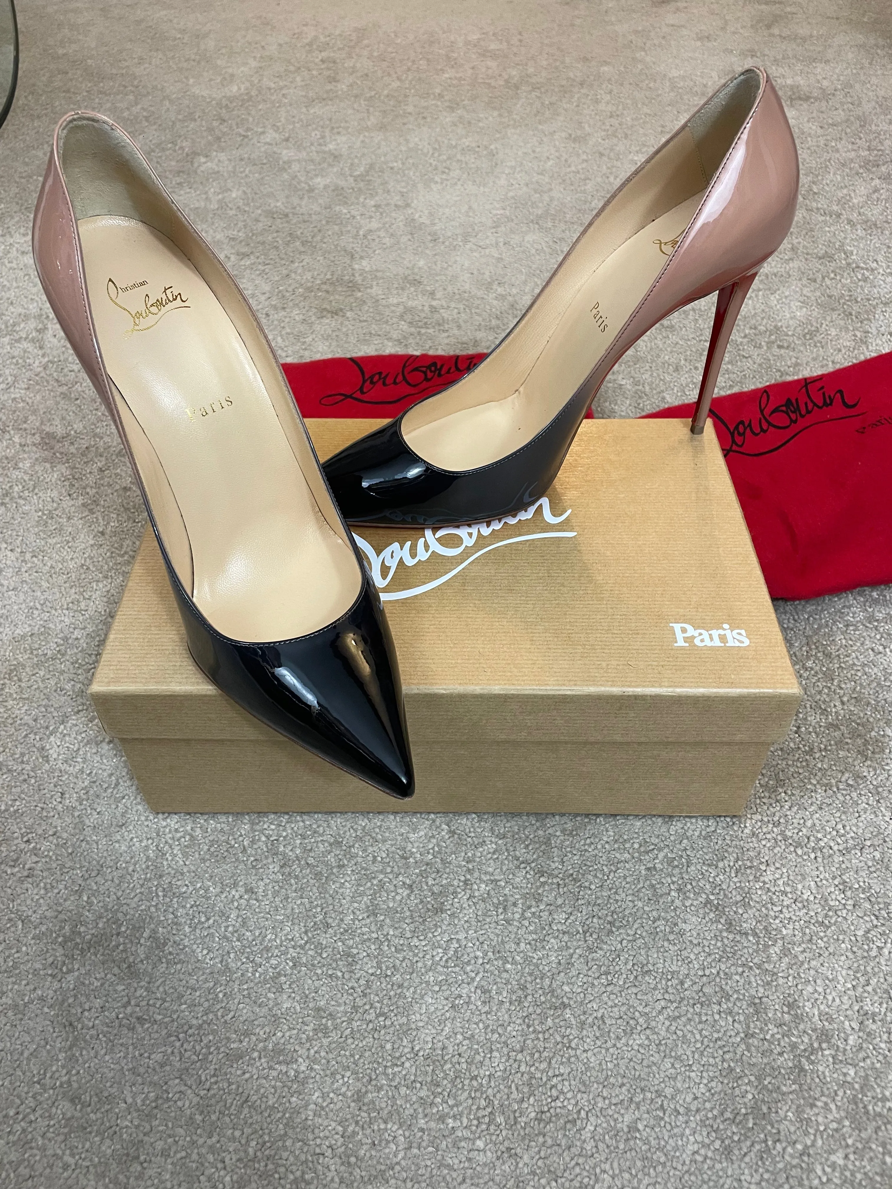 WOMENS CHRISTIAN LOUBOUTIN KATE 100 PATENT HEELS - BLACK / NUDE