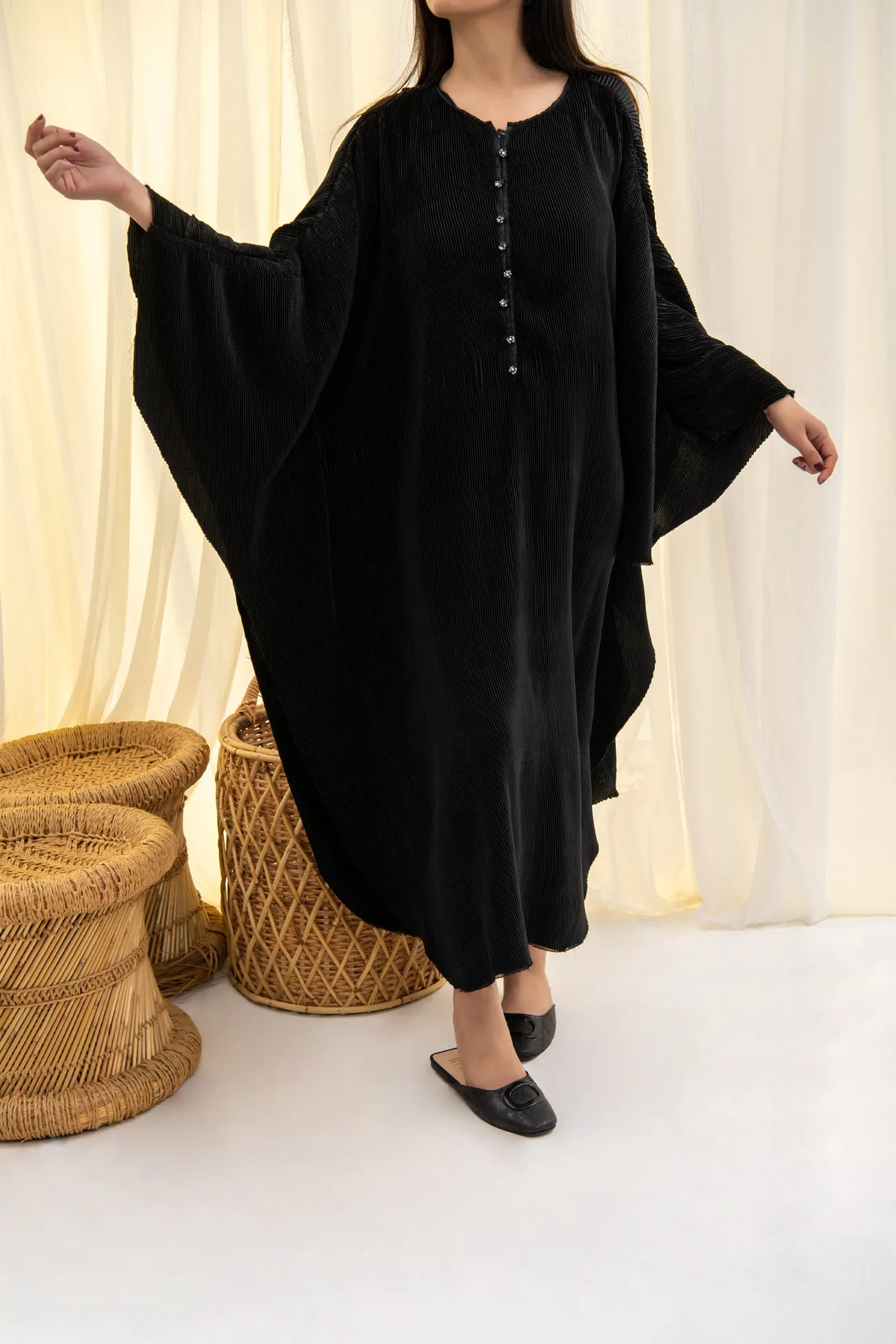 Women's Flowy Pleated Dress with Batwing Sleeves - Shop Now