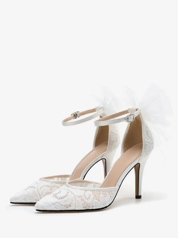 Women's Lace Bow Ankle Strap Bridal Heels