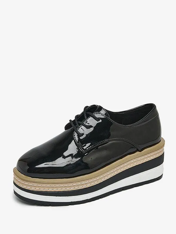 Round Toe Wedge Heel Oxfords in Patent Leather