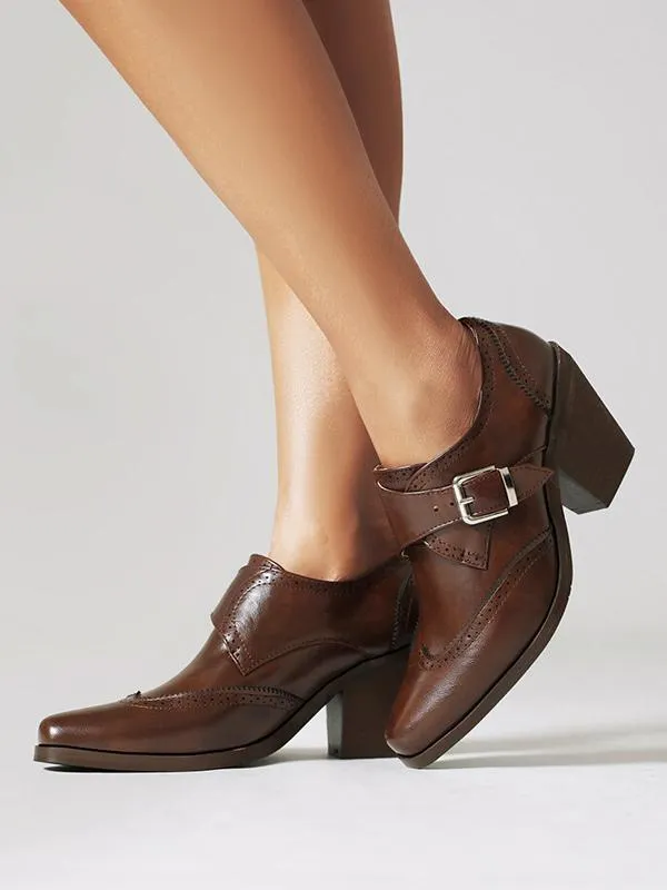 Square Toe Chunky Heel Faux Leather Oxford