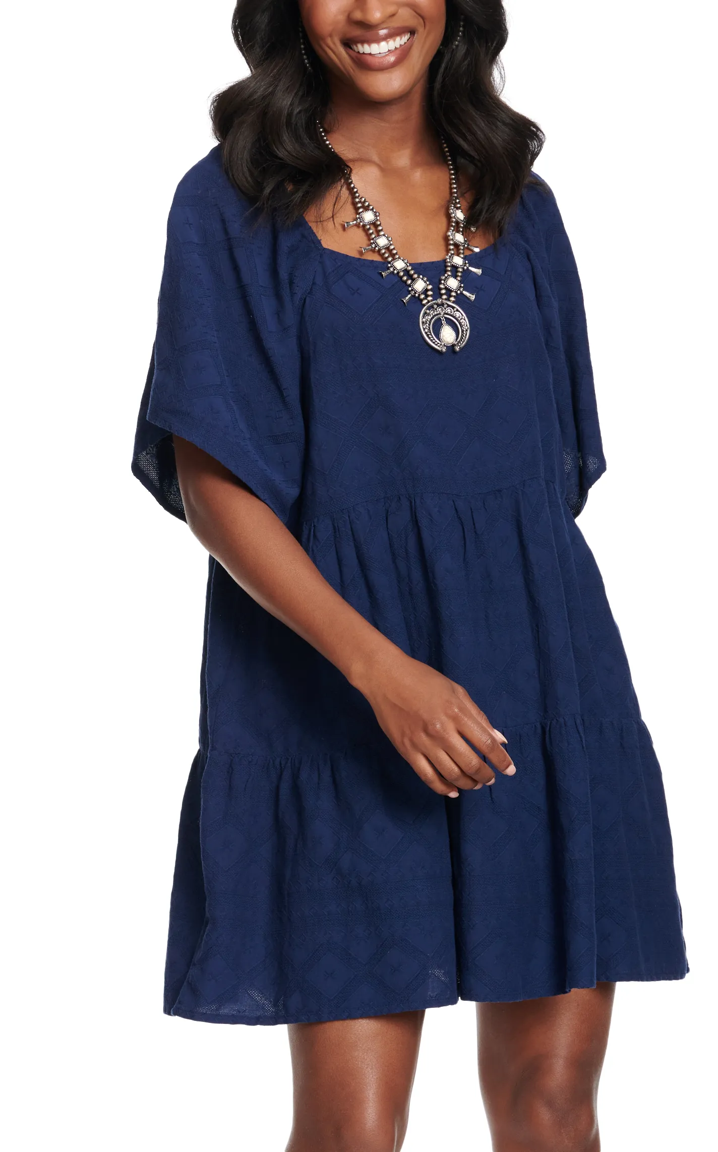 Wrangler Women's Navy Tiered Dress with Textured Square Neck