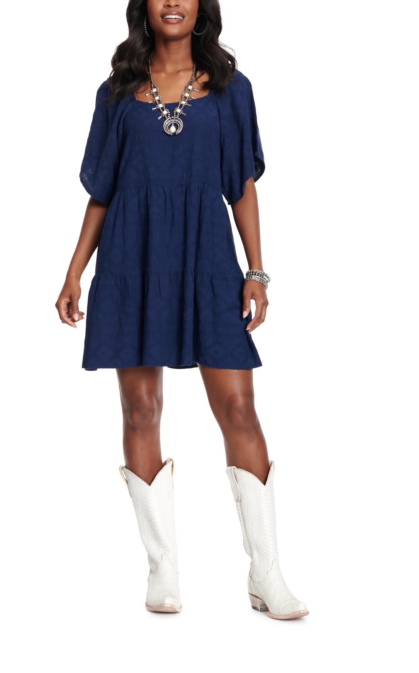 Wrangler Women's Navy Tiered Dress with Textured Square Neck