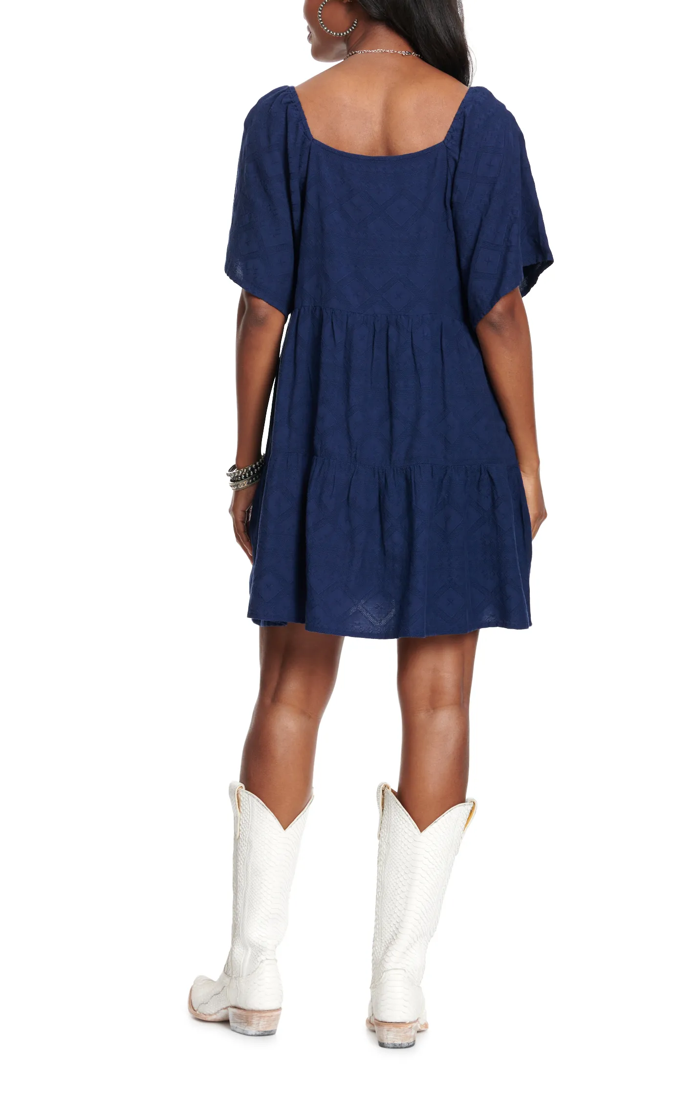 Wrangler Women's Navy Tiered Dress with Textured Square Neck