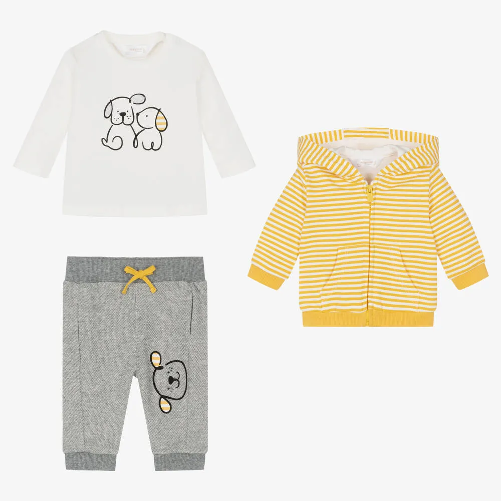 Yellow & Grey Cotton Baby Tracksuit Set